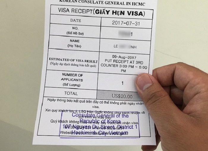 Giấy hẹn lấy visa du lịch Hàn Quốc